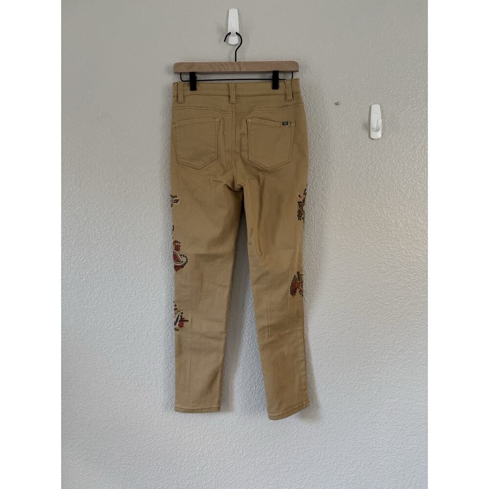 Boho Embroidered Tan Pants Skinny Straight Leg EUC Size 4 Neutral Chic DG2 - Picture 5 of 5
